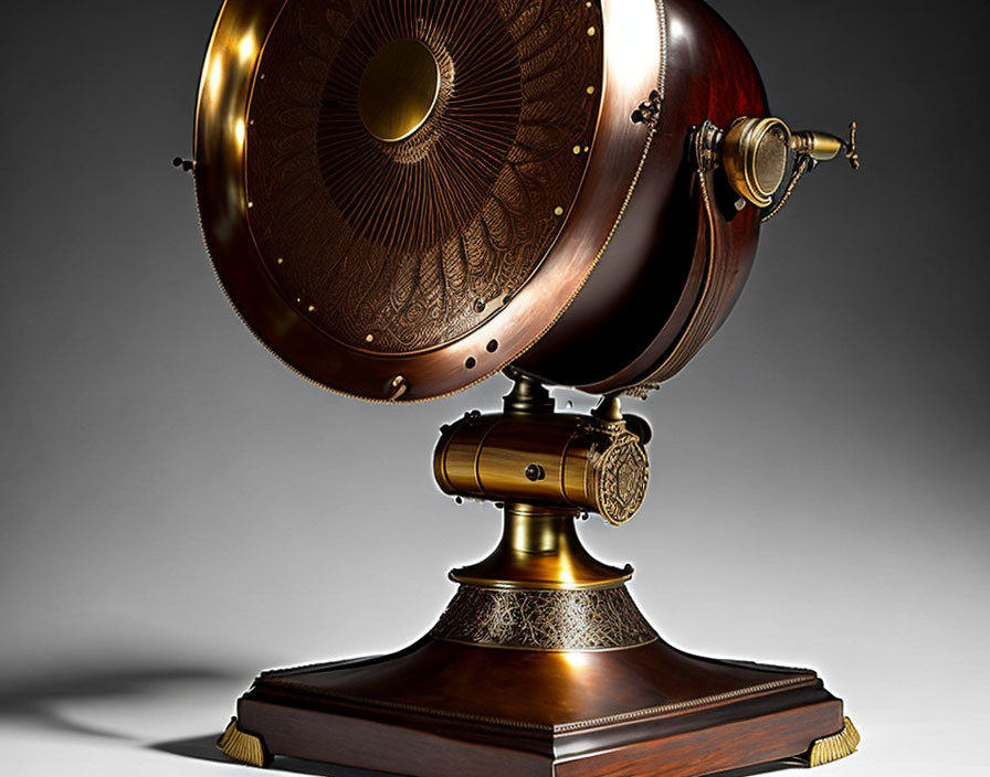 Vintage Brass Gramophone on Wood Base Against Grey Background