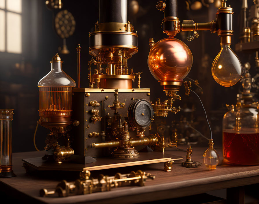 Antique Brass Coffee Machine with Glass Containers and Pressure Gauges