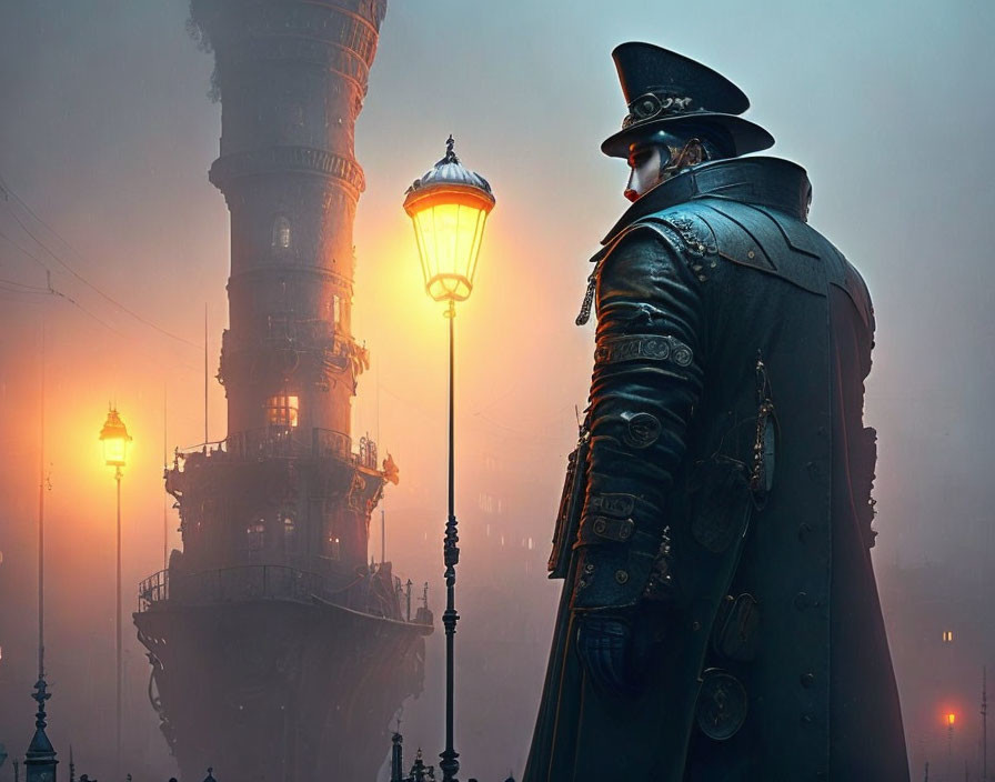 Victorian figure in top hat gazes at industrial structure in foggy setting