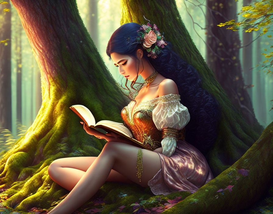 Woman reading book in lush forest wearing medieval-style dress