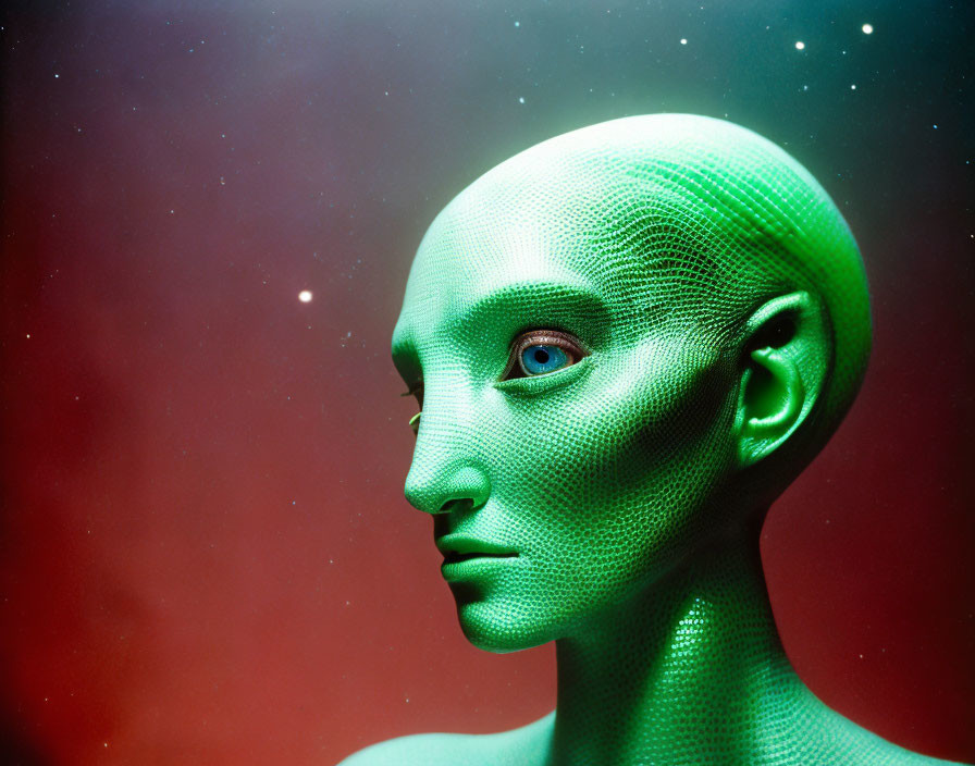 Green Textured Mannequin Head on Red Background with Stars: Sci-Fi Atmosphere