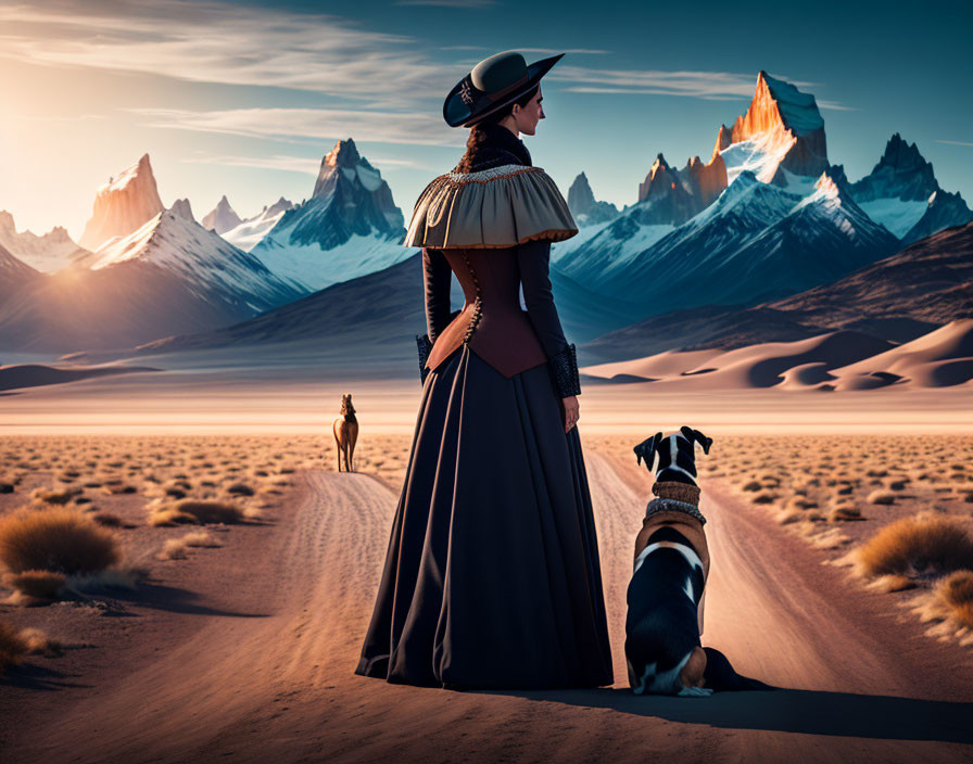 Vintage-clad woman looks at camel rider in desert with dog, dramatic mountains.