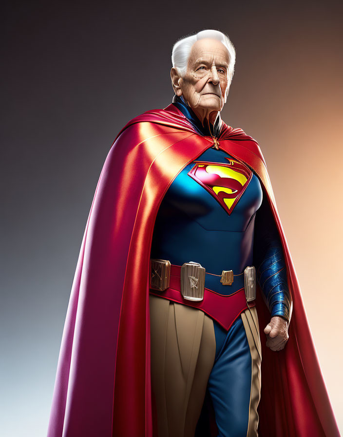 Elderly man in Superman costume with red cape and 'S' emblem on gradient backdrop