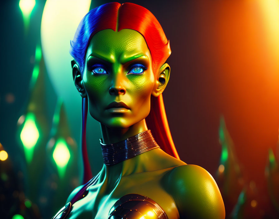 Vibrant digital artwork: Female figure with blue and green skin, orange eyes, futuristic attire