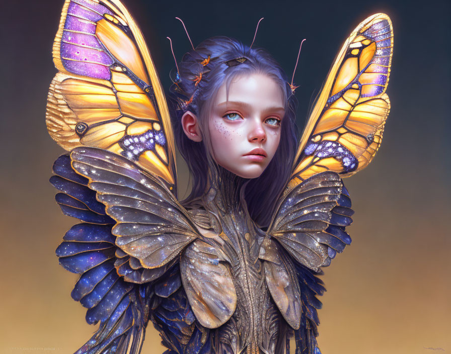 Colorful digital artwork: girl with butterfly wings and attire, surrounded by butterflies