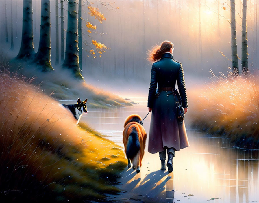 Woman and dog walking in sunlit misty forest