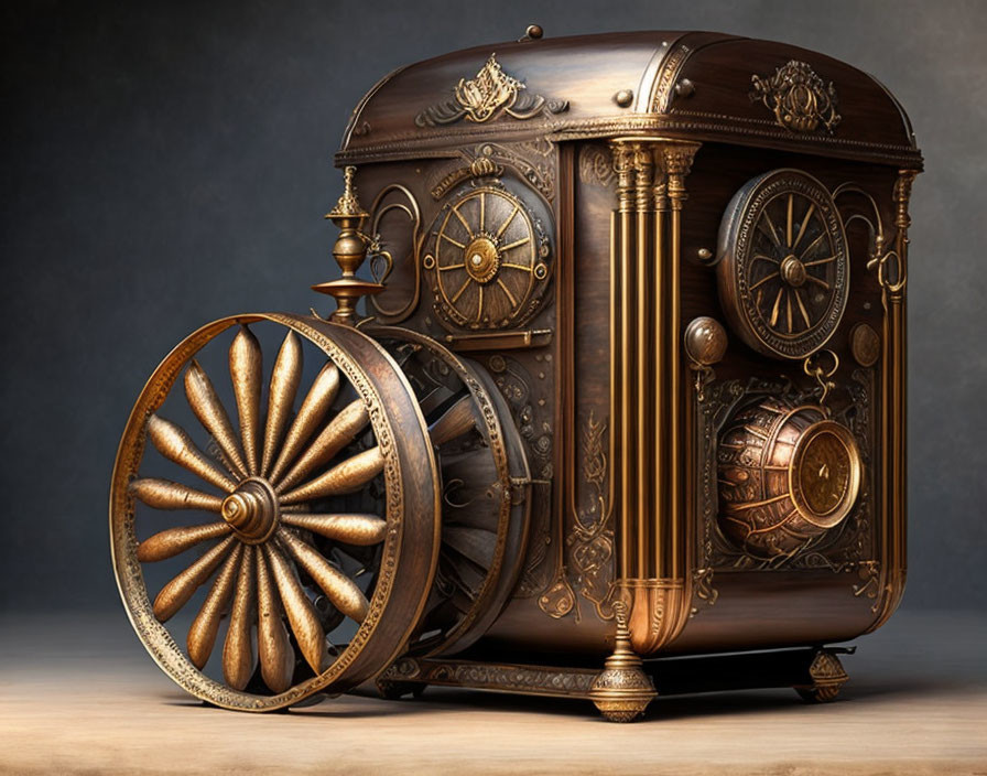 Steampunk-inspired machine with brass details and gear-like wheel.