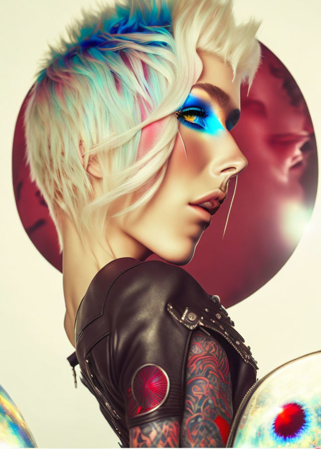 Colorful hair and tattoos on person in digital art against abstract backdrop