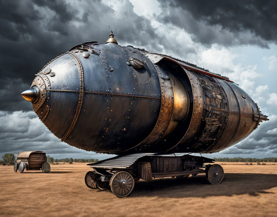 Steampunk-inspired dirigible with riveted hull in open field under stormy sky