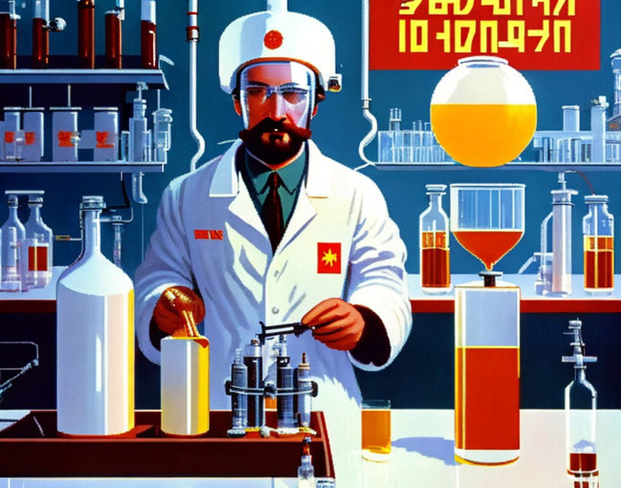 Scientist with mustache and glasses in lab conducting colorful experiment