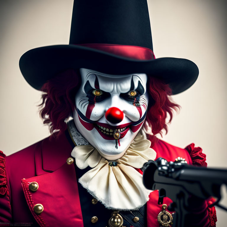 Sinister clown in red jacket and top hat with gun and colorful makeup