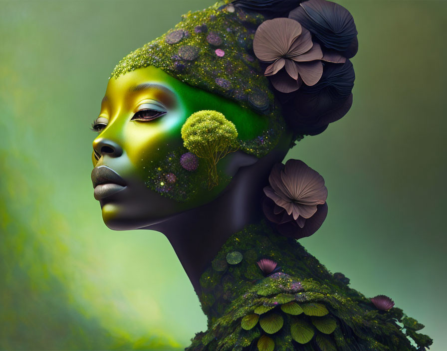 Green-skinned woman portrait blending with forest background and mushrooms