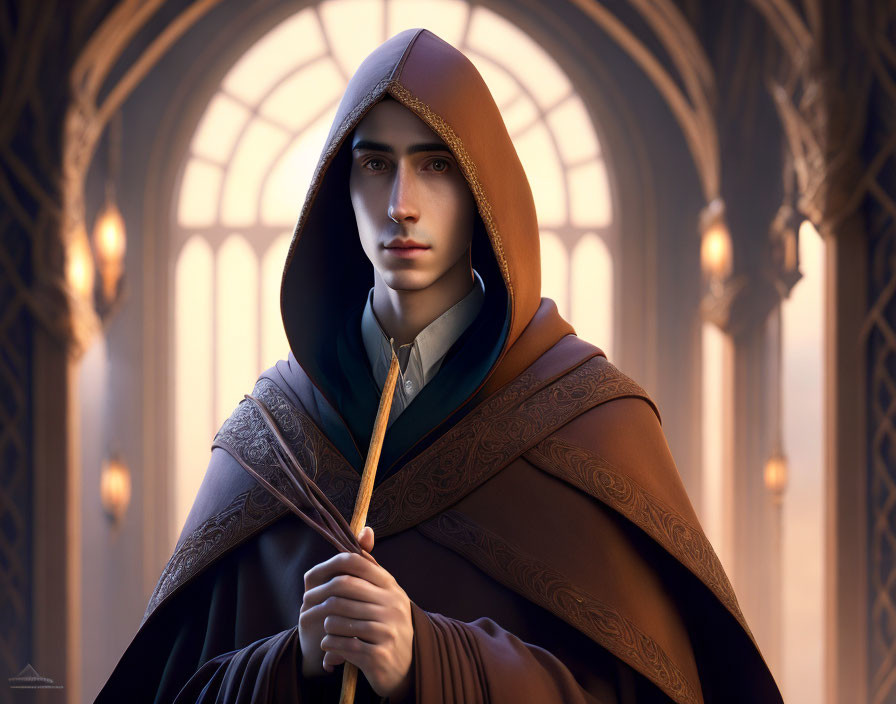 Digital artwork: Young person in hooded cloak with staff in cathedral setting