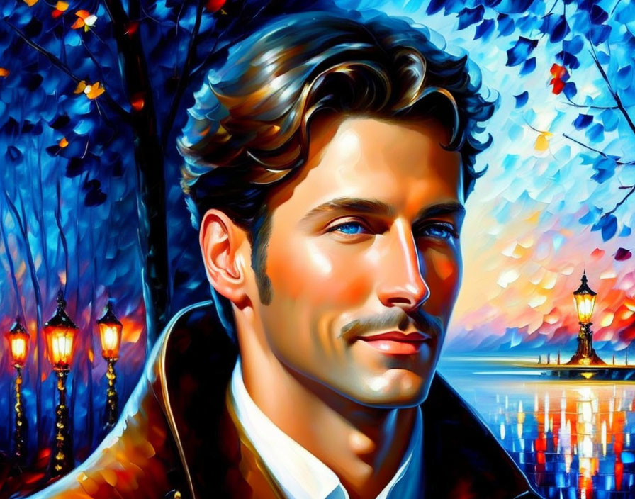 Digital portrait of a man with dark hair and blue eyes in colorful setting