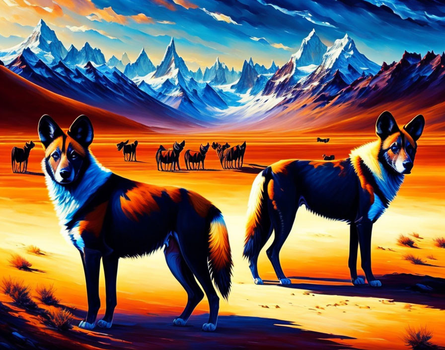 Colorful artwork: stylized dogs, vibrant mountain landscape, camel silhouettes