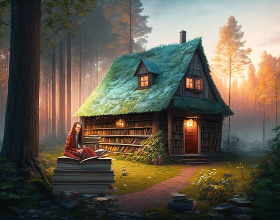 Woman reading large book outside quaint forest house with book-filled walls and mystical fog.