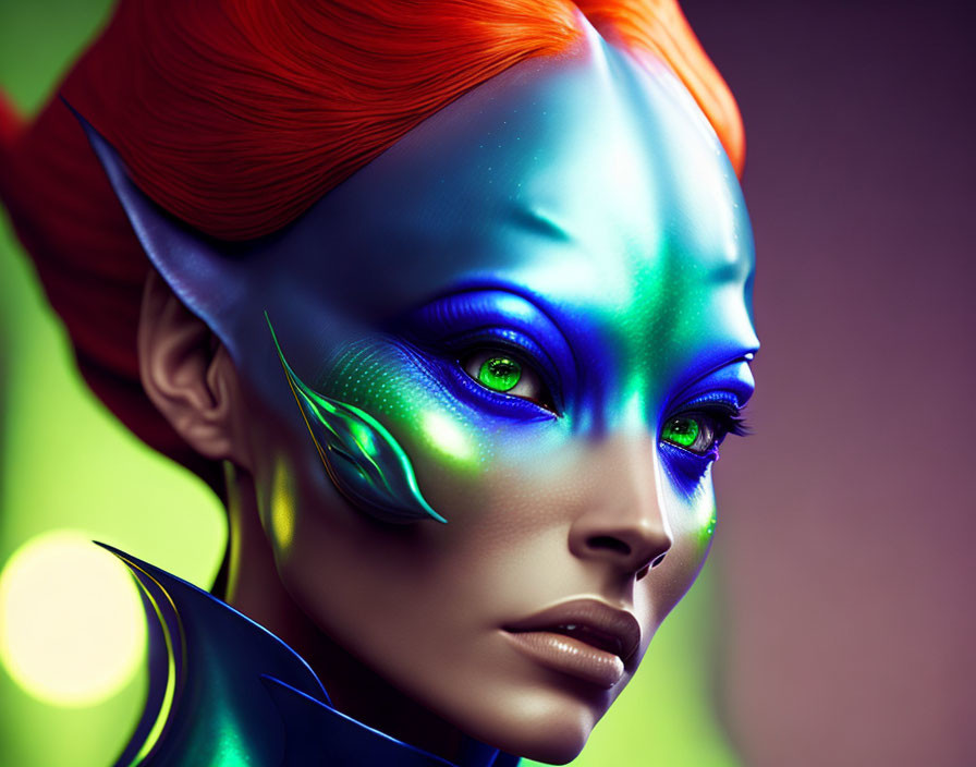 Colorful Portrait of Woman with Red-Orange Hair and Blue-Green Skin