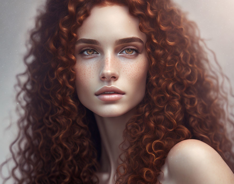 Portrait of Woman with Curly Red Hair and Blue Eyes