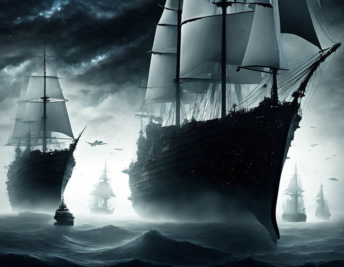 Sailing ships in misty starlit waters at night