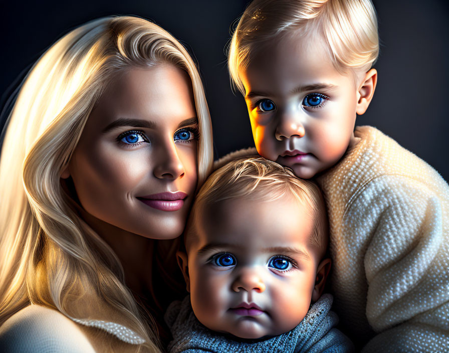 Blonde woman with blue-eyed children portrait.