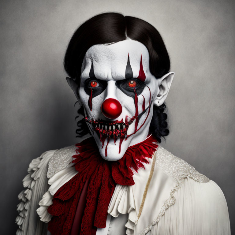 Person with dramatic clown makeup and vintage clothing in white, black, and red.