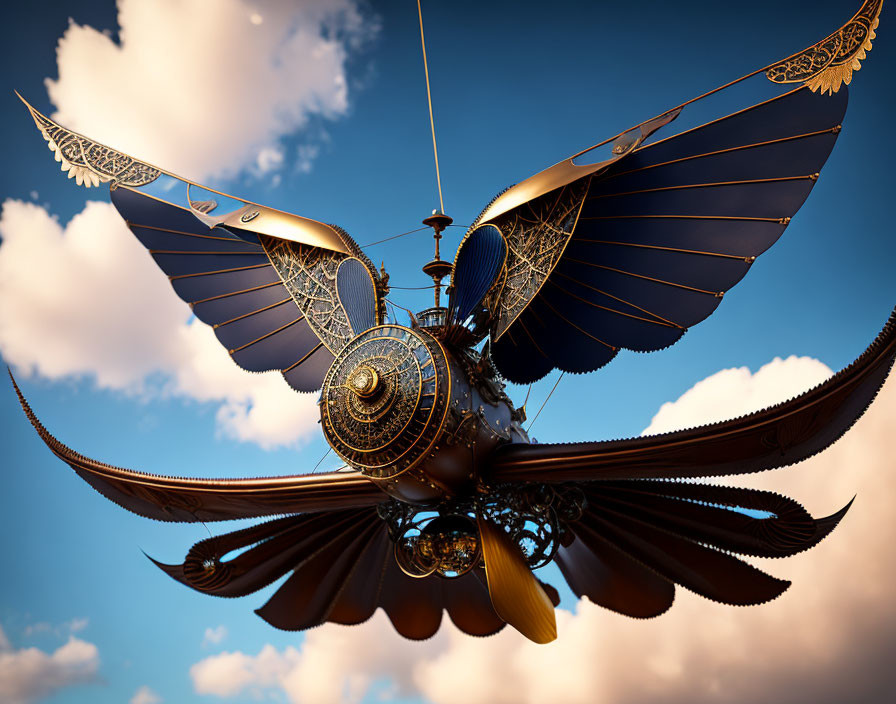 Steampunk-style airship with ornate wings in cloudy sky