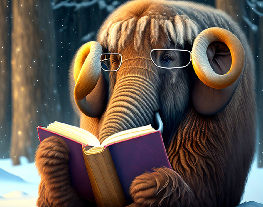 Cartoon Mammoth with Glasses Reading Book in Snowy Landscape