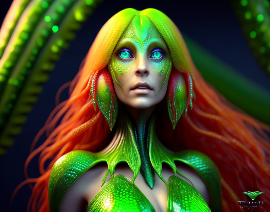 Digital Art: Woman with Green Reptilian Skin and Red Hair