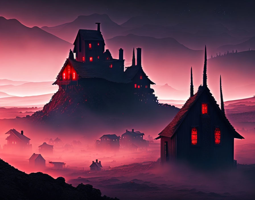 Crimson-lit dusk landscape with misty houses and glowing red windows