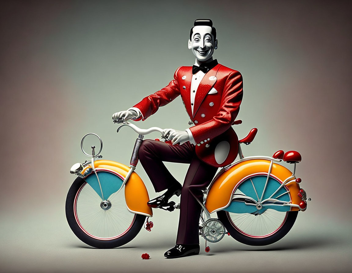 Colorful retro-style bicycle with stylized character in red tailcoat and black pants on beige background