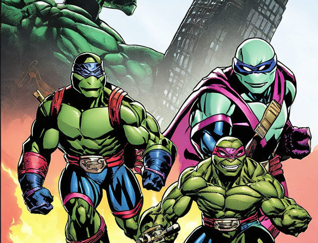 Three Teenage Mutant Ninja Turtles in action against cityscape