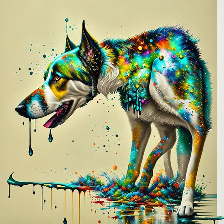 Vibrant paint splashes create whimsical dog art