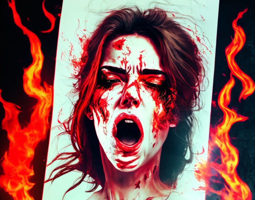 Blood-splattered woman screaming in terror amidst flames