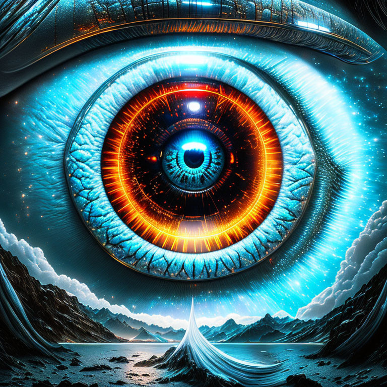 Detailed surreal illustration of giant eye with galaxy iris, clouds, mountains, water.