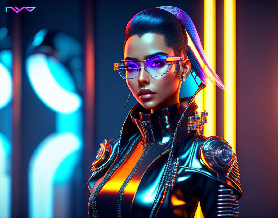 Futuristic woman with blue hair and neon glasses in high-tech outfit