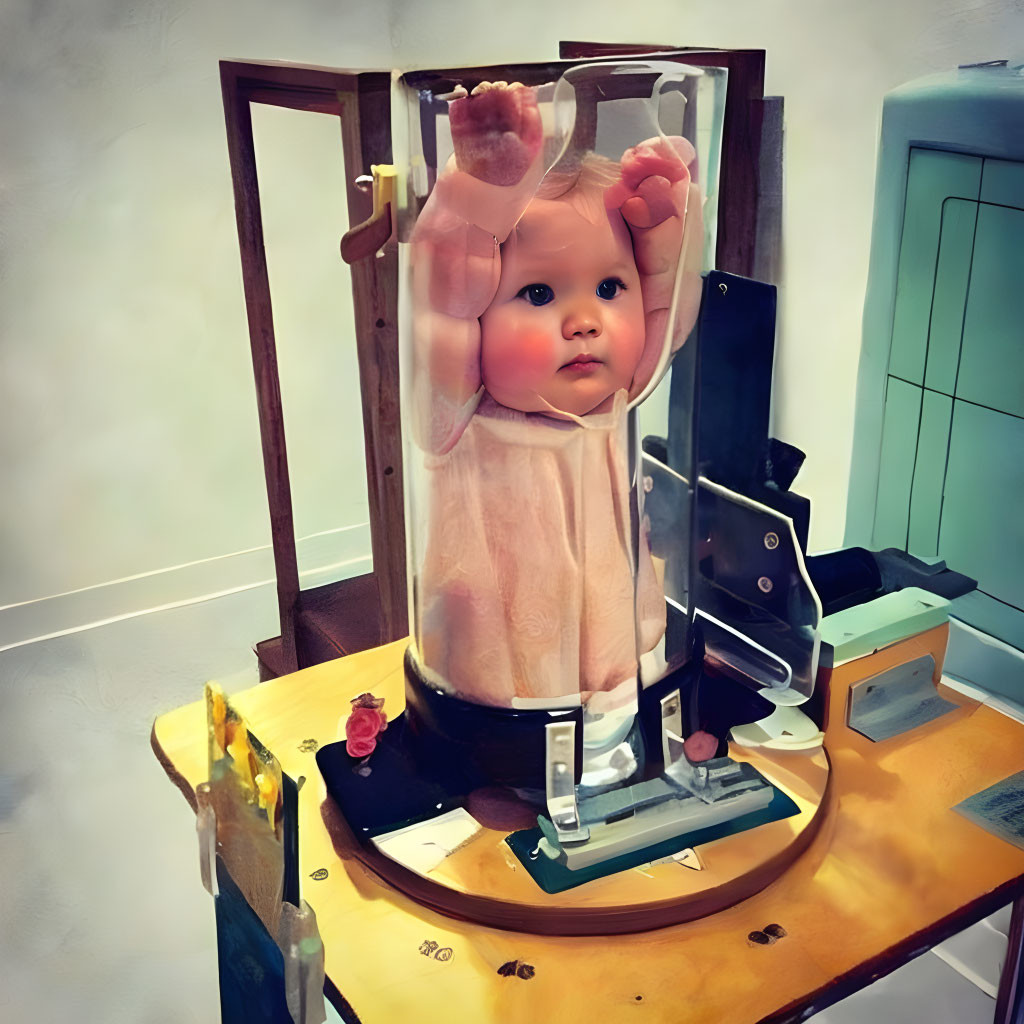 Baby doll in transparent cylinder on wooden platform with surrounding objects.