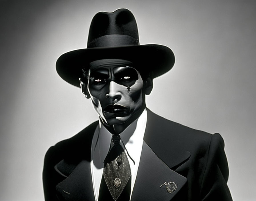 Monochrome image of person in vintage suit and hat with dramatic face paint