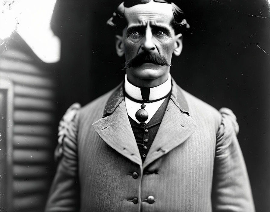 Vintage Black and White Photo: Man with Prominent Mustache in Suit & Bow Tie