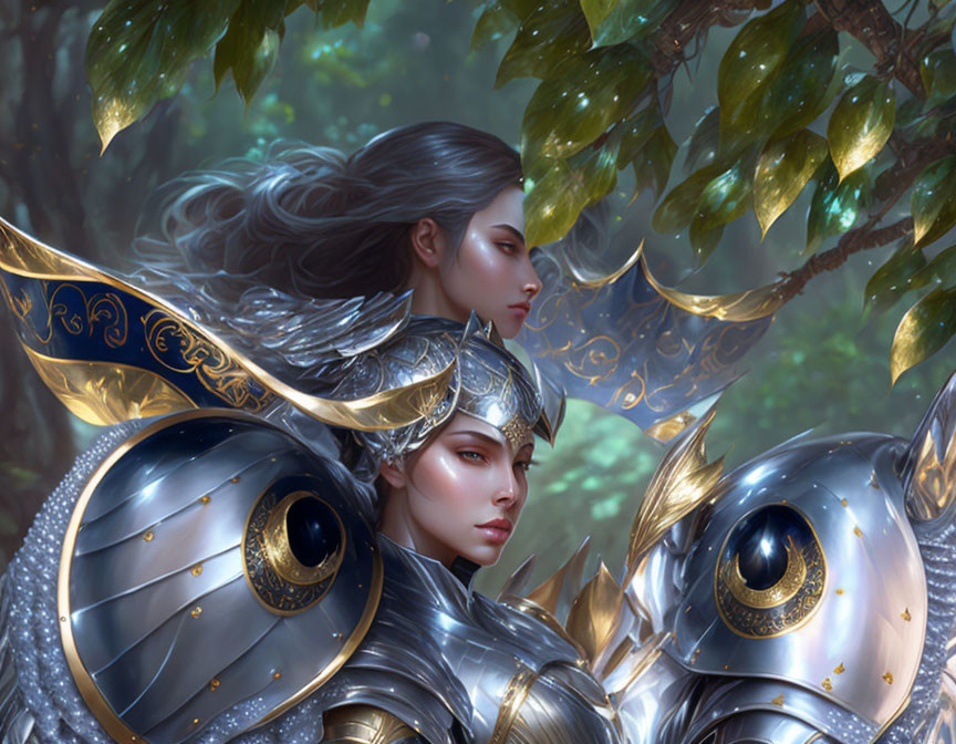 Two women in ornate silver and gold armor back to back in a forest