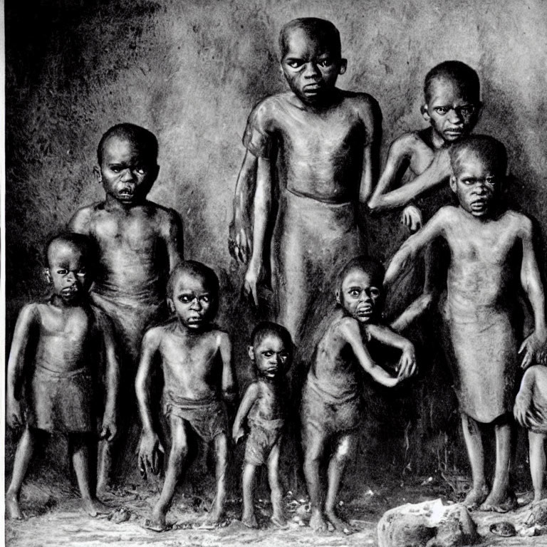 Monochrome artwork of seven malnourished children in somber poses