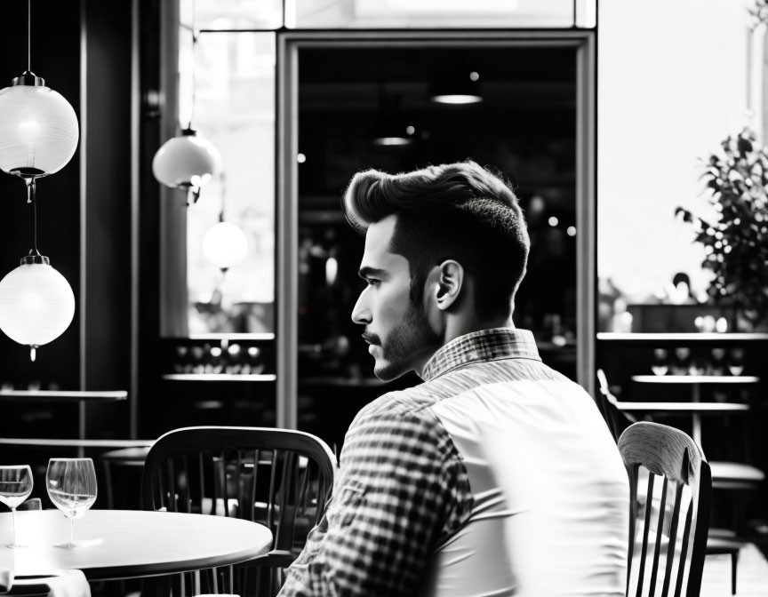 Café scene: Man sitting under paper lanterns, in contemplative pose, black and white