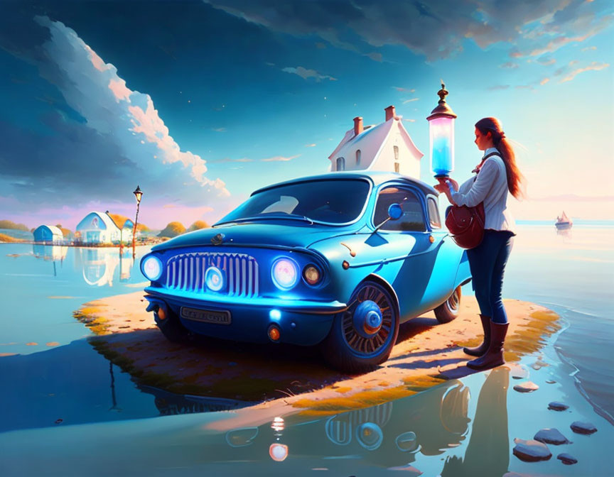 Woman with lantern next to classic blue car on serene beach