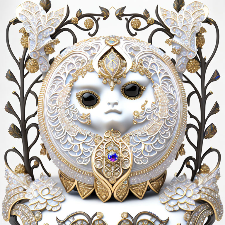 Intricate jeweled mask with gold filigree designs and captivating black eyes