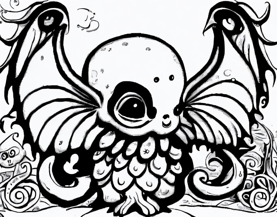 Monochrome drawing of adorable octopus with expressive eyes and intricate tentacle patterns