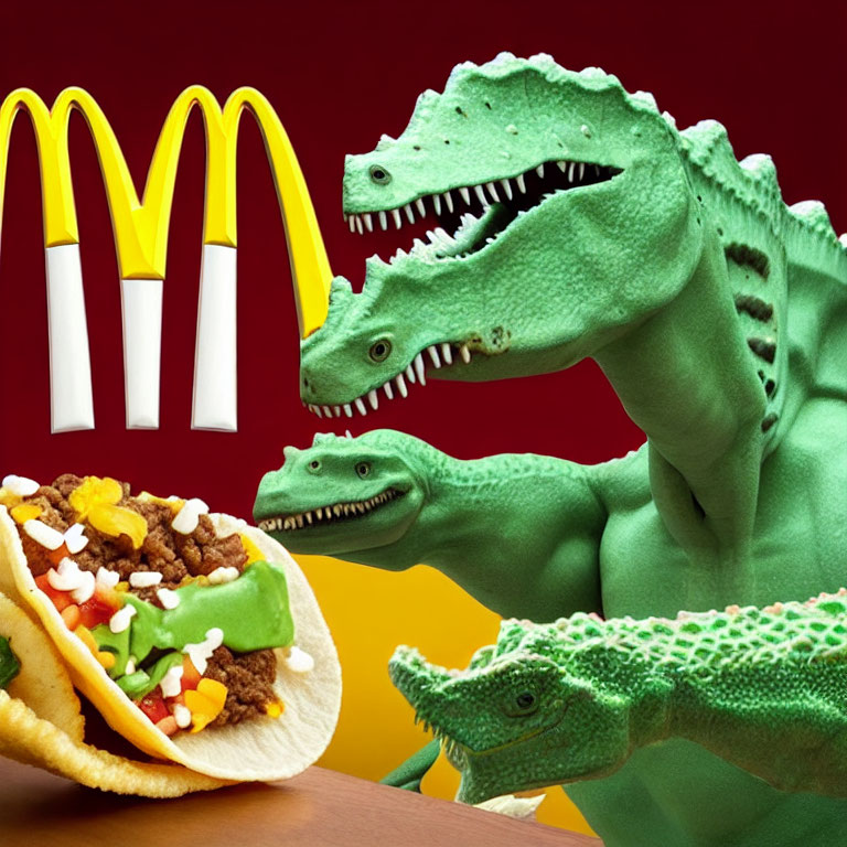 Toy dinosaurs with McDonald's logo and taco on red background