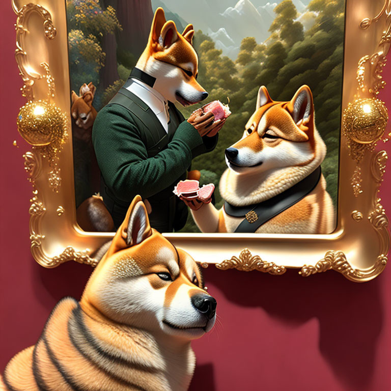 Elegant Shiba Inu in Suit Eating Cake with Portrait in Luxurious Setting