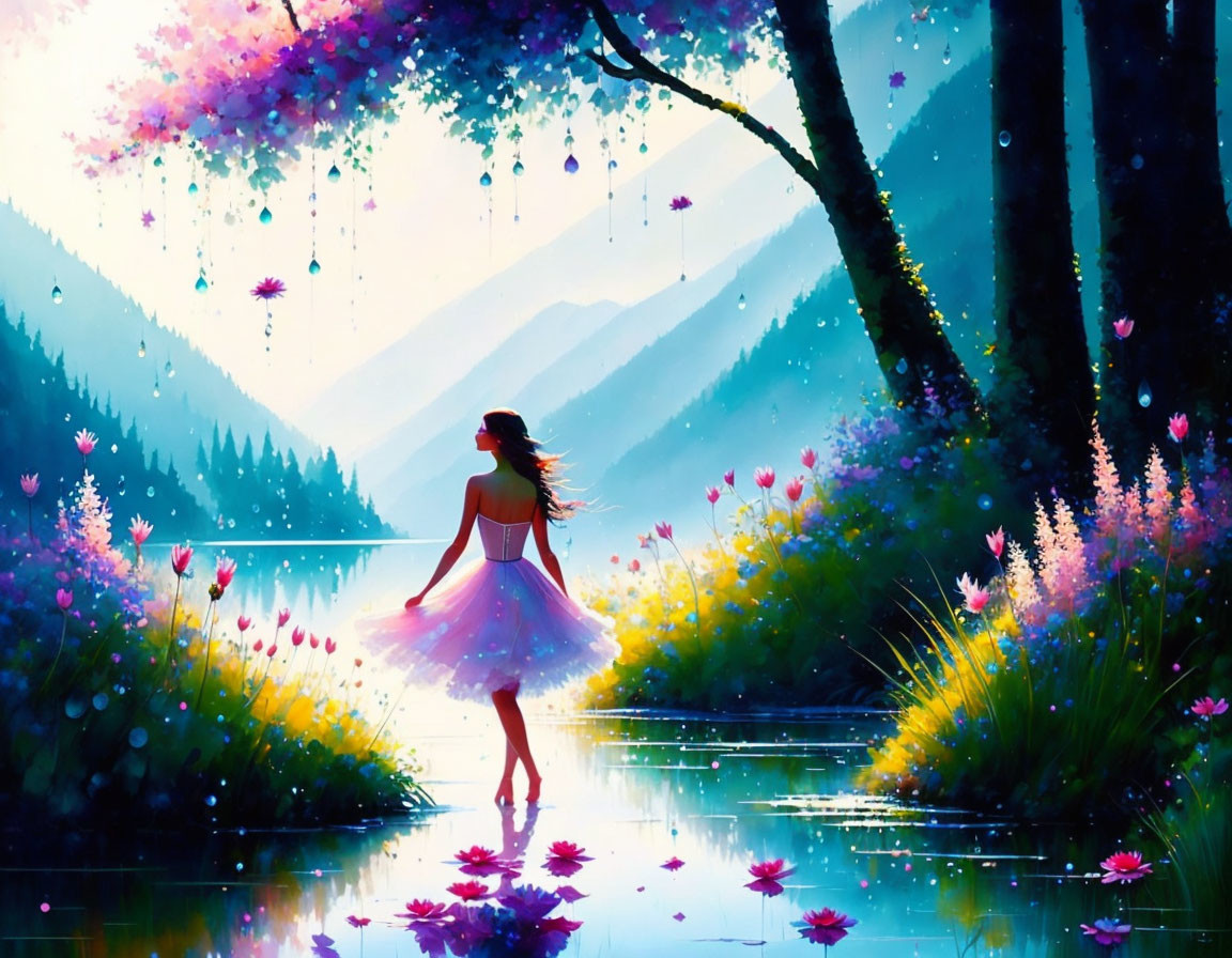 Woman in flowing dress explores mystical water garden with blooming flowers and vibrant, tree-draped landscape