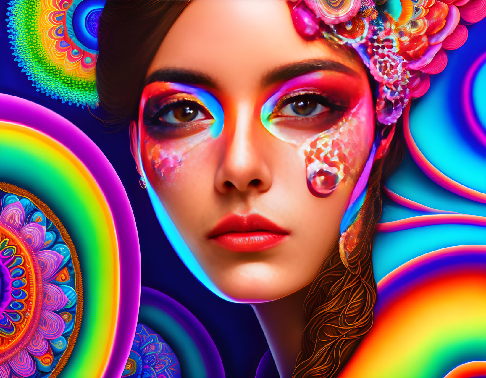 Colorful Psychedelic Makeup Portrait on Swirled Background