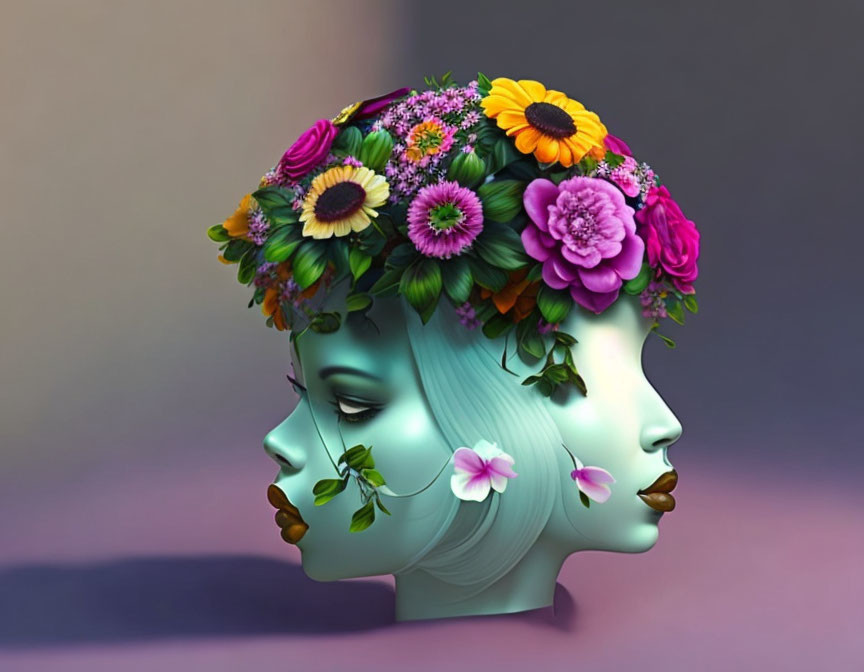 Dual-faced profile with floral crown in digital artwork