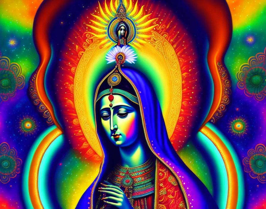 Colorful digital artwork: Female figure with Indian adornments in psychedelic aura